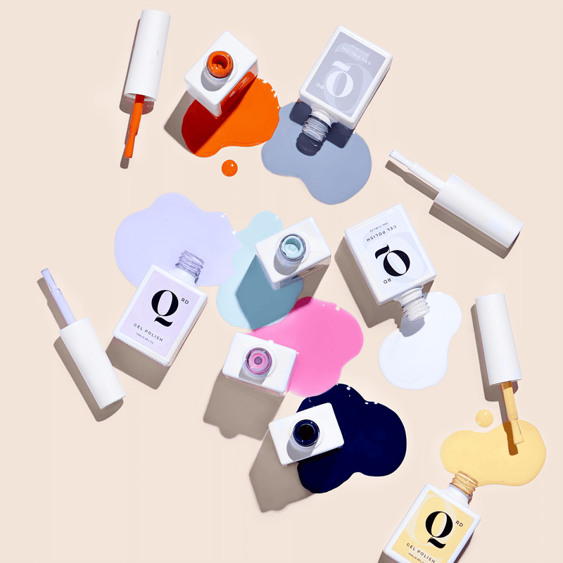 QRDNails_GelPolishColoursShades_SunriseOrange_GuernicaGrey_LilacBush_NaturalGlowMaja_LibertyGreen_AphroditeWhite_StarryNightBlue_SiestaYellow